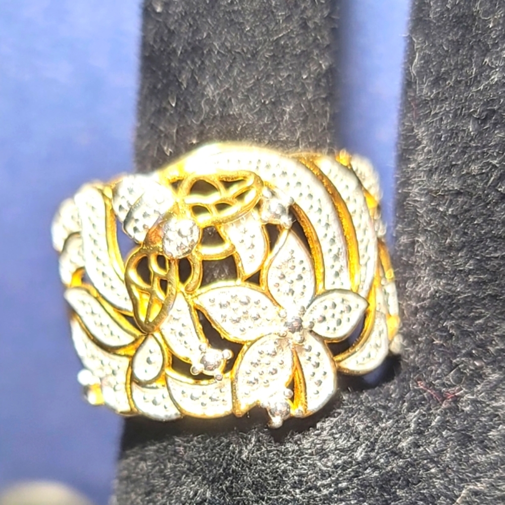 White Diamond Floral Accent Ring In 18K YG Plated
